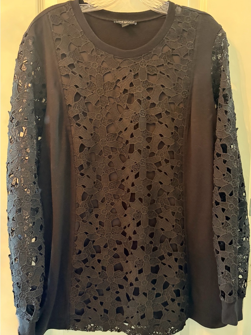 Lane Bryant Black Crochet Front & Sleeve Long Sleeve Top